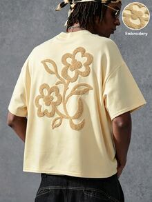 PAVTROS 男士街頭風熱銷3D刺繡花卉T恤，送給男友/丈夫的禮物，週年紀念禮物，朋友聚會穿搭 - 杏色 - 查看 1