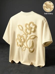 PAVTROS 男士街頭風熱銷3D刺繡花卉T恤，送給男友/丈夫的禮物，週年紀念禮物，朋友聚會穿搭 - 杏色 - 查看 6