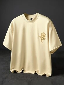 PAVTROS 男士街頭風熱銷3D刺繡花卉T恤，送給男友/丈夫的禮物，週年紀念禮物，朋友聚會穿搭 - 杏色 - 查看 7