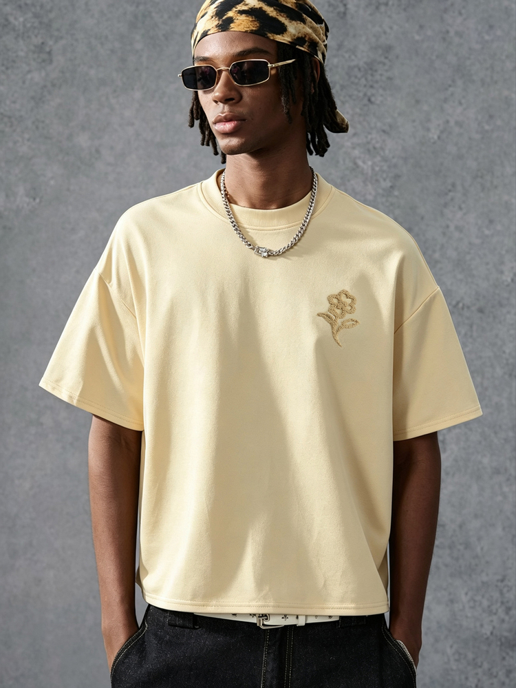 PAVTROS Men's Streetwear Hot-Selling 3D Embroidered Floral T-Shirt, Gift For Boyfriend/Husband, Anniversary Gift, Friends Gathering - Apricot - View 2