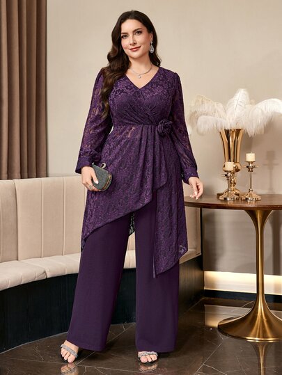 Reflora Plus Size Women Lace Asymmetric Hem 3D Floral Decor Top And Wide Leg Pants Elegant 2 Pieces Set