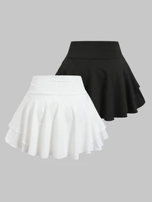 SHEIN Girlism Tween Girl Basic Versatile Casual Street Style Sporty Fashion Multi-Layer Ruffle Hem Skirt With Built-In Anti-Exposure Leggings Solid Color Skort, Suitable For Yoga, Sports, Tennis And More Occasions KIDS - Black and White - View 2