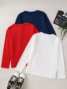 SHEIN 3件組兒童青少年男孩休閒學院風日常百搭舒適字母印花圓領寬鬆針織長袖套頭T恤 多件裝 適合通勤上學日常休閒出遊 適合運動 適合秋冬 - 彩色 - 查看 2