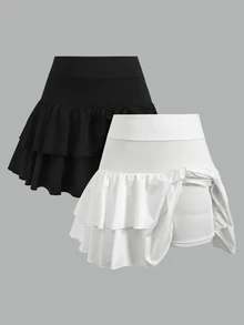 SHEIN Girlism Teen Girls Lucy Bag: Girl's Knitted Solid Color Cute Ruffle Layered Built-In Shorts Mini Skirt 2-Piece Set Y2K Fashion Back To School Ruffle Skirt With Inner Shorts Layered Ruffle Skirt, Spring Summer Autumn Winter All Season Teenager Ruffle Skirt - Black and White - View 2