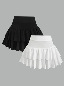 SHEIN Girlism Teen Girls Lucy Bag: Girl's Knitted Solid Color Cute Ruffle Layered Built-In Shorts Mini Skirt 2-Piece Set Y2K Fashion Back To School Ruffle Skirt With Inner Shorts Layered Ruffle Skirt, Spring Summer Autumn Winter All Season Teenager Ruffle Skirt - Black and White - View 6
