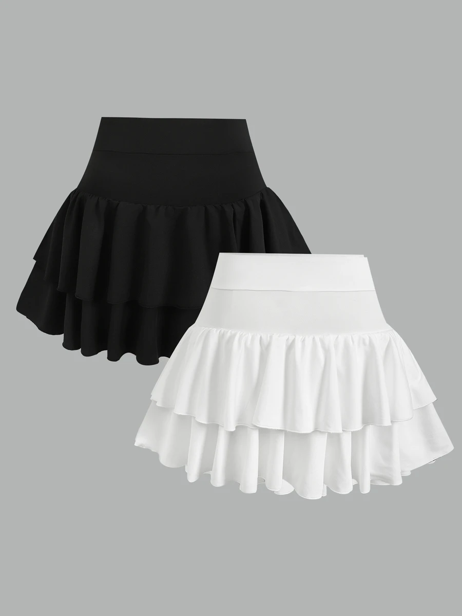 SHEIN Girlism Teen Girls Lucy Bag: Girl's Knitted Solid Color Cute Ruffle Layered Built-In Shorts Mini Skirt 2-Piece Set Y2K Fashion Back To School Ruffle Skirt With Inner Shorts Layered Ruffle Skirt, Spring Summer Autumn Winter All Season Teenager Ruffle Skirt - Black and White - View 1