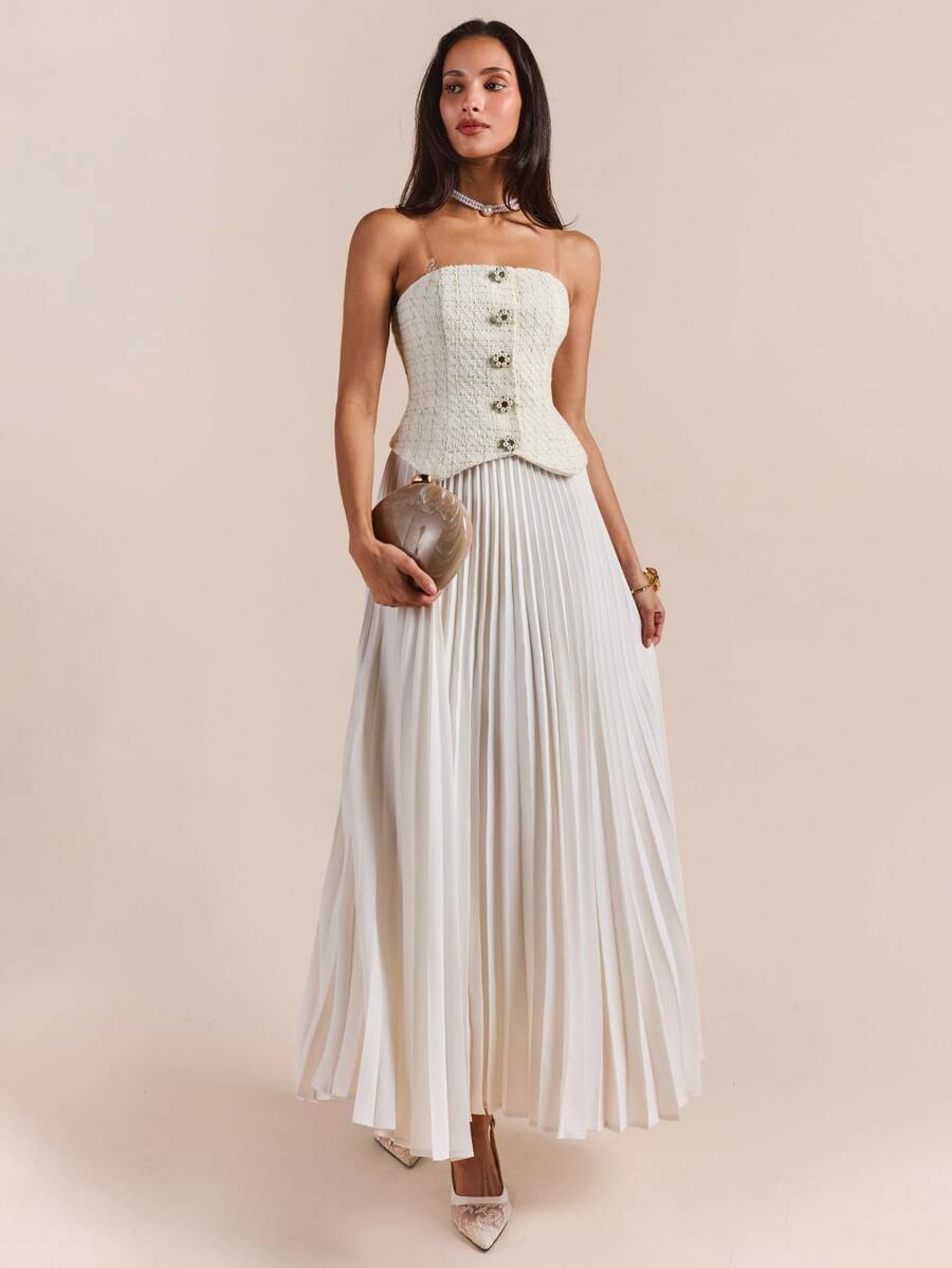 Enchnt Premium Pre-Fall Romantic Women's Elegant Apricot Tweed Patchwork Pleated Strapless Dress,Wedding Formal Official Dinner Date Party Outfits - Beige - View 1