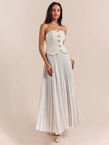 Enchnt Gaun Tanpa Lengan Berlipit Patchwork Tweed Aprikot Elegan Premium Pre-Fall untuk Wanita, Cocok untuk Pernikahan, Acara Formal, Makan Malam Resmi, Kencan, dan Pesta. - Krem - View 4