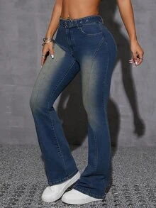 SHEIN EZwear بنطلون جينز نسائي سهل مع جيوب أمامية بأزرار، ملائم للارتداء اليومي العادي - أزرق متوسط - مشاهدة 3