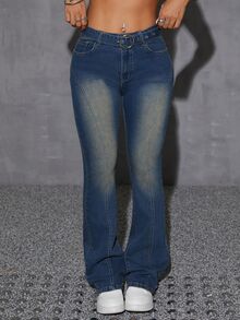 SHEIN EZwear بنطلون جينز نسائي سهل مع جيوب أمامية بأزرار، ملائم للارتداء اليومي العادي - أزرق متوسط - مشاهدة 5