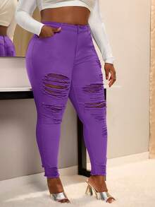SHEIN SXY Plus Size Distressed Pink Skinny Jeans - Purple - View 3