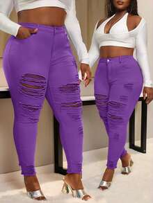SHEIN SXY Plus Size Distressed Pink Skinny Jeans - Purple - View 1
