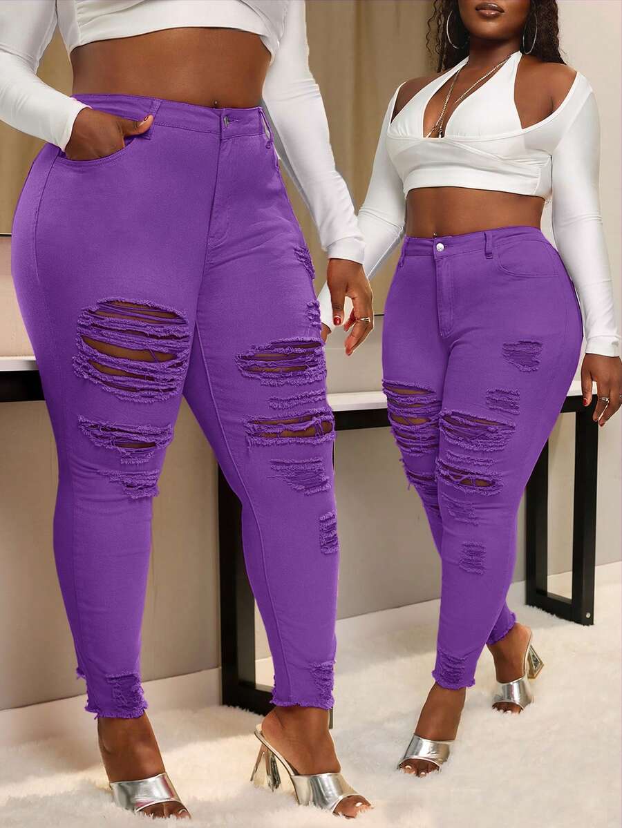 SHEIN SXY Plus Size Distressed Pink Skinny Jeans - Purple - View 1