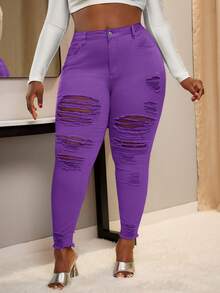 SHEIN SXY Plus Size Distressed Pink Skinny Jeans - Purple - View 4