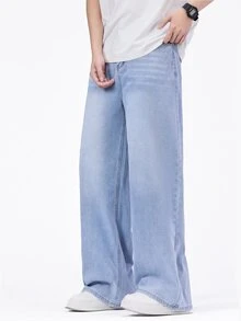 SHEIN Mirajuku Celana Jeans Remaja Laki-Laki Kasual Longgar Model Lurus Warna Pudar, Serbaguna, Cocok untuk Semua Musim - Light Wash - View 4