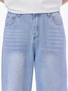 SHEIN Mirajuku Celana Jeans Remaja Laki-Laki Kasual Longgar Model Lurus Warna Pudar, Serbaguna, Cocok untuk Semua Musim - Light Wash - View 3
