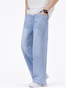 SHEIN Mirajuku Celana Jeans Remaja Laki-Laki Kasual Longgar Model Lurus Warna Pudar, Serbaguna, Cocok untuk Semua Musim - Light Wash - View 5