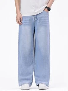 SHEIN Mirajuku Celana Jeans Remaja Laki-Laki Kasual Longgar Model Lurus Warna Pudar, Serbaguna, Cocok untuk Semua Musim - Light Wash - View 6