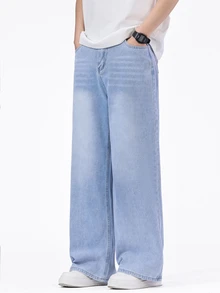 SHEIN Mirajuku Celana Jeans Remaja Laki-Laki Kasual Longgar Model Lurus Warna Pudar, Serbaguna, Cocok untuk Semua Musim - Light Wash - View 7
