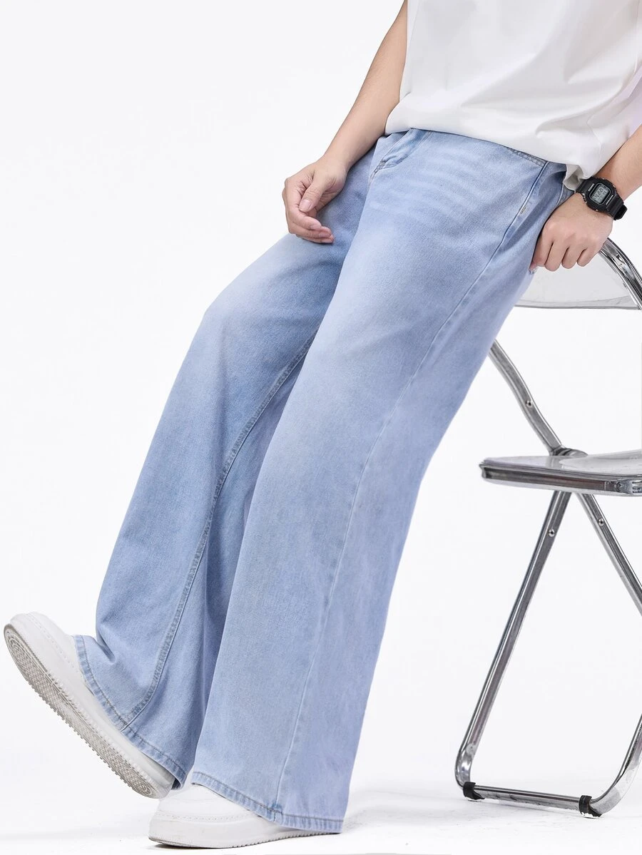 SHEIN Mirajuku Celana Jeans Remaja Laki-Laki Kasual Longgar Model Lurus Warna Pudar, Serbaguna, Cocok untuk Semua Musim - Light Wash - View 1