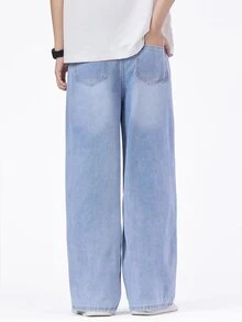 SHEIN Mirajuku Celana Jeans Remaja Laki-Laki Kasual Longgar Model Lurus Warna Pudar, Serbaguna, Cocok untuk Semua Musim - Light Wash - View 2