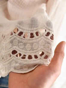 CosyJoli Plus Size Casual Fairycore Traditional Lace-Up Ruffle Patchwork Textured Fabric V-Neck Long Sleeve Shirt White Sequin Autumn Daily Brunch Blouse Fall - Apricot - View 7