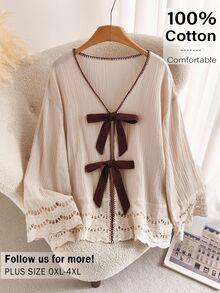 CosyJoli Plus Size Casual Fairycore Traditional Lace-Up Ruffle Patchwork Textured Fabric V-Neck Long Sleeve Shirt White Sequin Autumn Daily Brunch Blouse Fall - Apricot - View 3