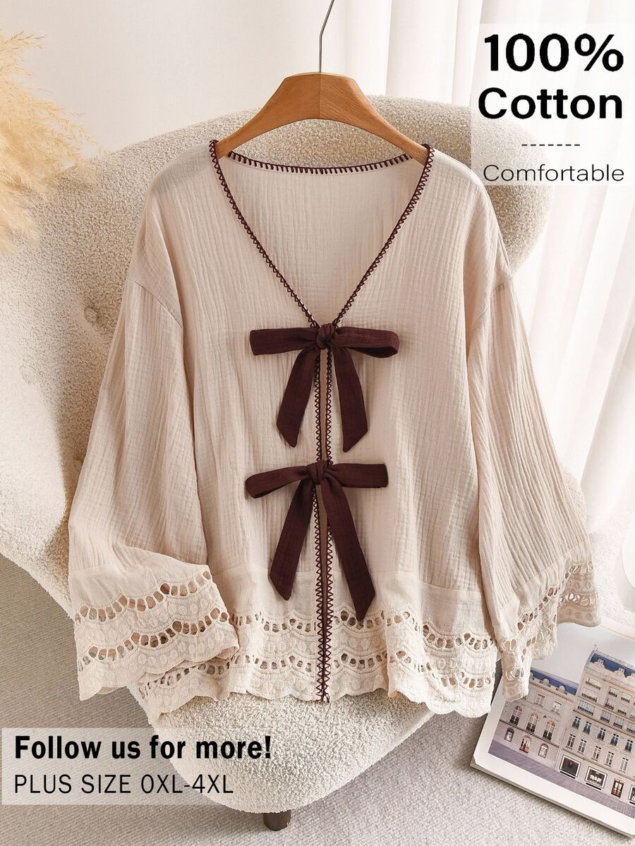 CosyJoli Plus Size Casual Fairycore Traditional Lace-Up Ruffle Patchwork Textured Fabric V-Neck Long Sleeve Shirt White Sequin Autumn Daily Brunch Blouse Fall