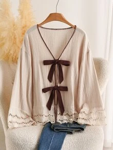 CosyJoli Plus Size Casual Fairycore Traditional Lace-Up Ruffle Patchwork Textured Fabric V-Neck Long Sleeve Shirt White Sequin Autumn Daily Brunch Blouse Fall - Apricot - View 6