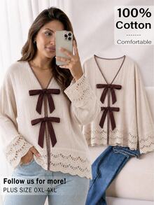 CosyJoli Plus Size Casual Fairycore Traditional Lace-Up Ruffle Patchwork Textured Fabric V-Neck Long Sleeve Shirt White Sequin Autumn Daily Brunch Blouse Fall - Apricot - View 1