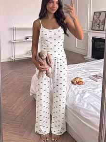 SHEIN 青少年女孩睡衣 針織蝴蝶結印花背心與長褲 2件套 - 白色 - 查看 3