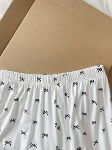 SHEIN 青少年女孩睡衣 針織蝴蝶結印花背心與長褲 2件套 - 白色 - 查看 5