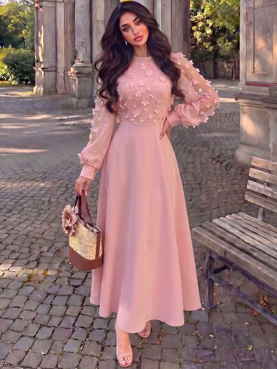 Modelyn 3D Floral Mesh Patchwork Sleeve Double Layer Design Pink Floral Long Dress Autumn Back To School Wedding Date Anniversary Romantic Elegant