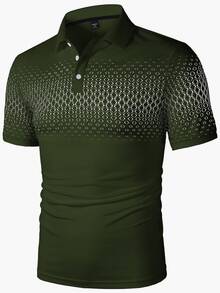 Manfinity Homme 男士幾何圖案印花對比色半開襟鈕扣 Polo 衫 - 墨綠色 - 查看 4