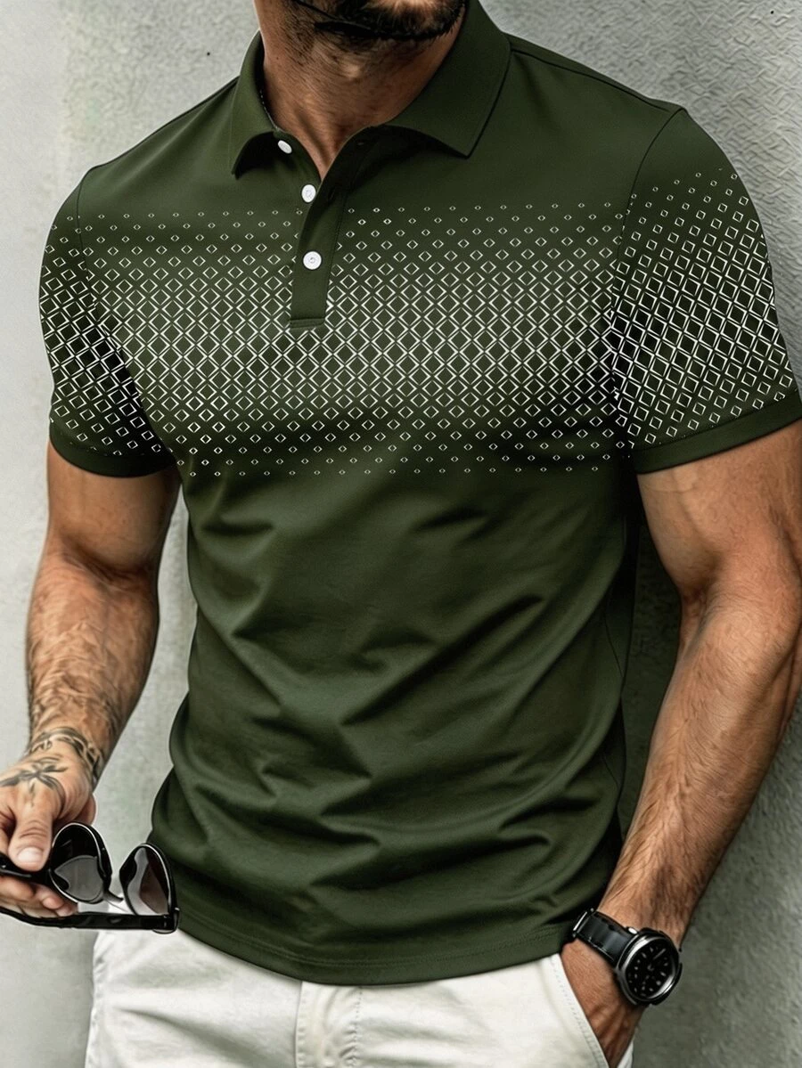 Manfinity Homme 男士幾何圖案印花對比色半開襟鈕扣 Polo 衫 - 墨綠色 - 查看 1