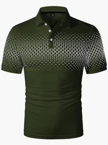 Manfinity Homme 男士幾何圖案印花對比色半開襟鈕扣 Polo 衫 - 墨綠色 - 查看 3