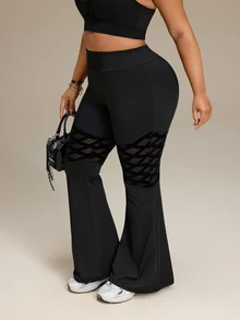 Slayform Mesh Criss-Cross Tie Flared Leg Plus Size Workout Leggings Gym Sports Black Summer - Black - View 6