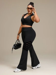 Slayform Mesh Criss-Cross Tie Flared Leg Plus Size Workout Leggings Gym Sports Black Summer - Black - View 7