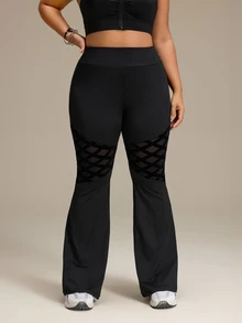 Slayform Mesh Criss-Cross Tie Flared Leg Plus Size Workout Leggings Gym Sports Black Summer - Black - View 3