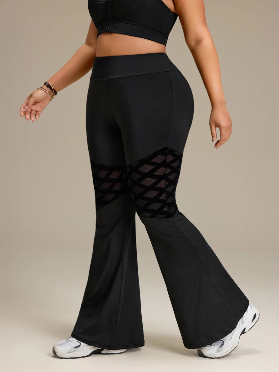 Slayform Mesh Criss-Cross Tie Flared Leg Plus Size Workout Leggings Gym Sports Black Summer - Black - View 1