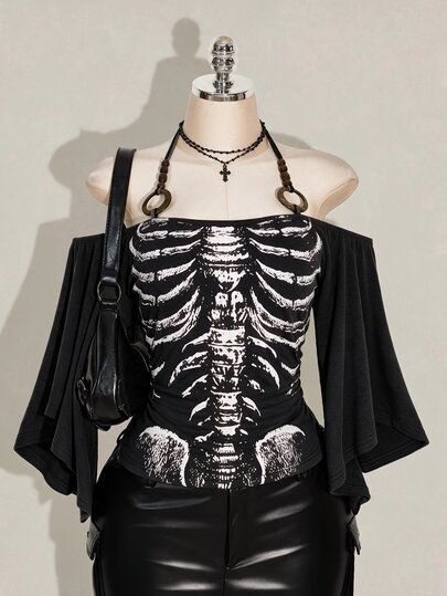 SHEIN ICON Women's Black Halloween Y2k Dark Hip-Hop Print Halter Neck Tie T-Shirt With Ring Decoration,Fall/Winter