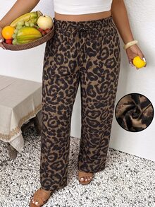 SHEIN Frenchy Plus Leopard Print Drawstring Waist Pants Fall - Coffee Brown - View 1