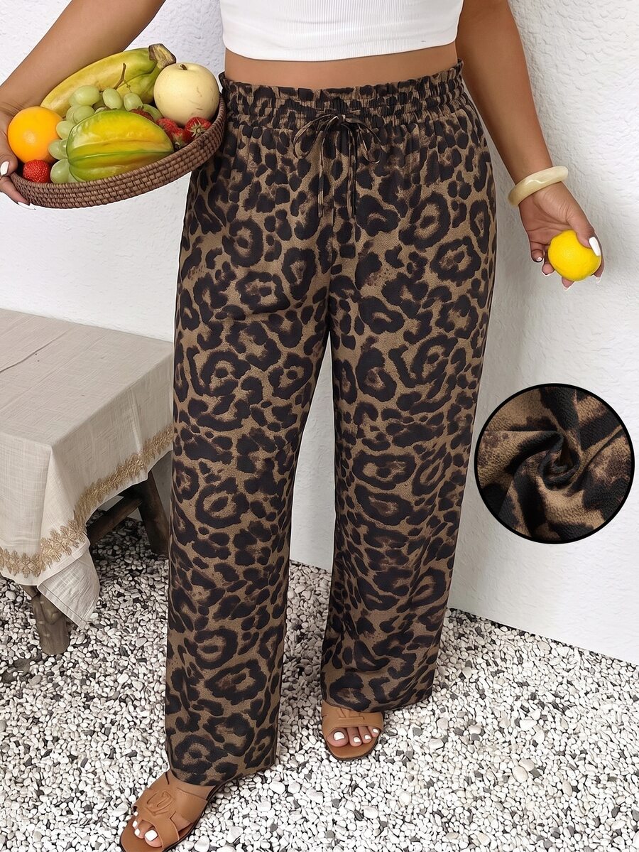SHEIN Frenchy Plus Leopard Print Drawstring Waist Pants Fall - Coffee Brown - View 1