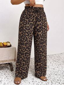 SHEIN Frenchy Plus Leopard Print Drawstring Waist Pants Fall - Coffee Brown - View 3