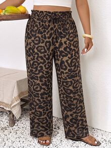 SHEIN Frenchy Plus Leopard Print Drawstring Waist Pants Fall - Coffee Brown - View 5