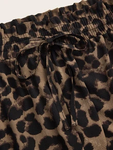 SHEIN Frenchy Plus Leopard Print Drawstring Waist Pants Fall - Coffee Brown - View 7