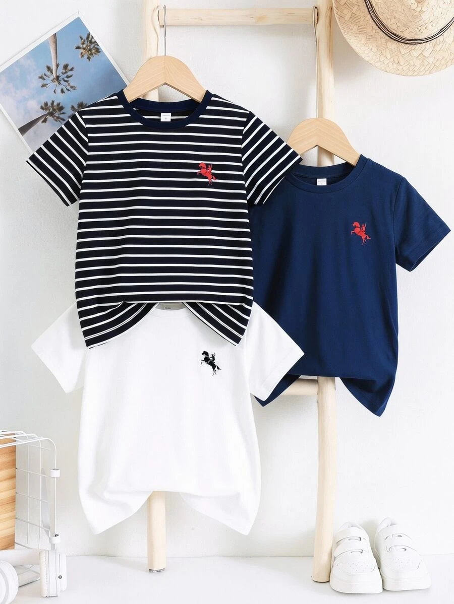 SHEIN 兒童青少年男孩休閒極簡時尚經典條紋素色圖案印花舒適短袖T恤3件組,適合春夏,適合戶外,適合兄弟穿著 - 彩色 - 查看 1