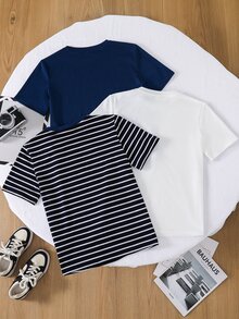 SHEIN 兒童青少年男孩休閒極簡時尚經典條紋素色圖案印花舒適短袖T恤3件組，適合春夏，適合戶外，適合兄弟穿著 - 彩色 - 查看 2