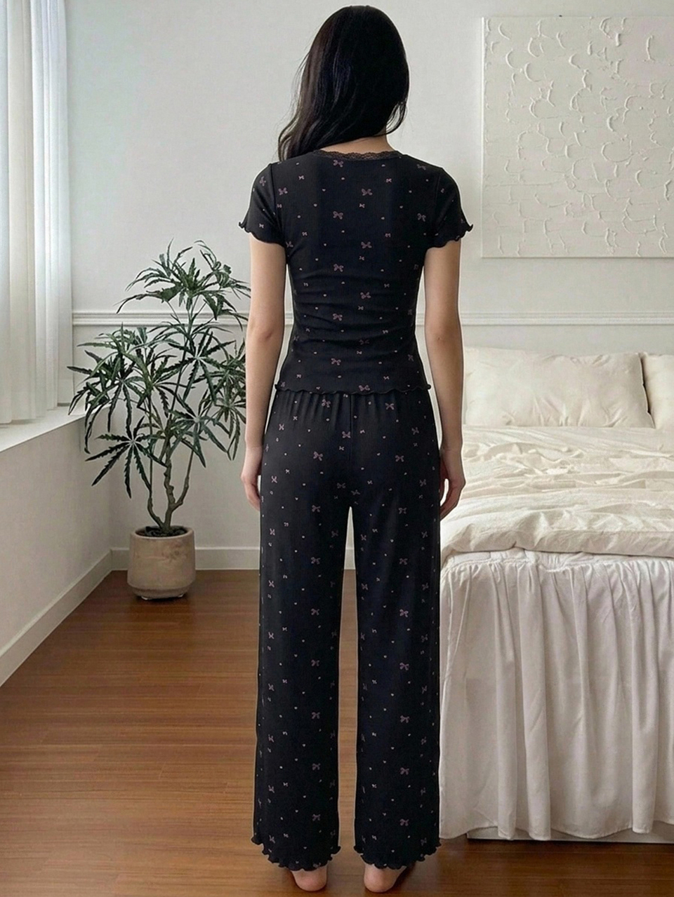 2pcs/Set Lace Patchwork Short Sleeve Cardigan Top & Straight Leg Long Pajama Pants Summer Women Sleepwear Set