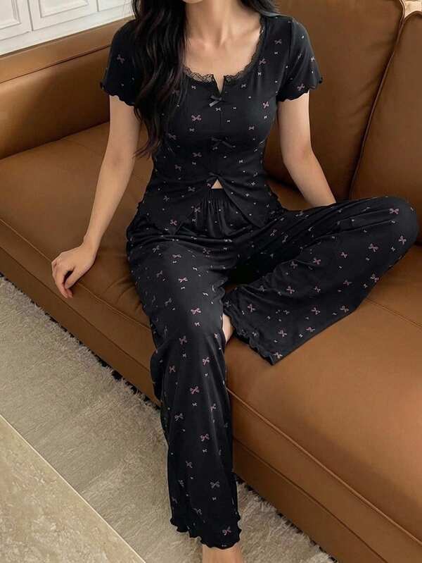 DAZY 2pcs/Set Lace Patchwork Short Sleeve Cardigan Top & Straight Leg Long Pajama Pants Summer Women Sleepwear Set